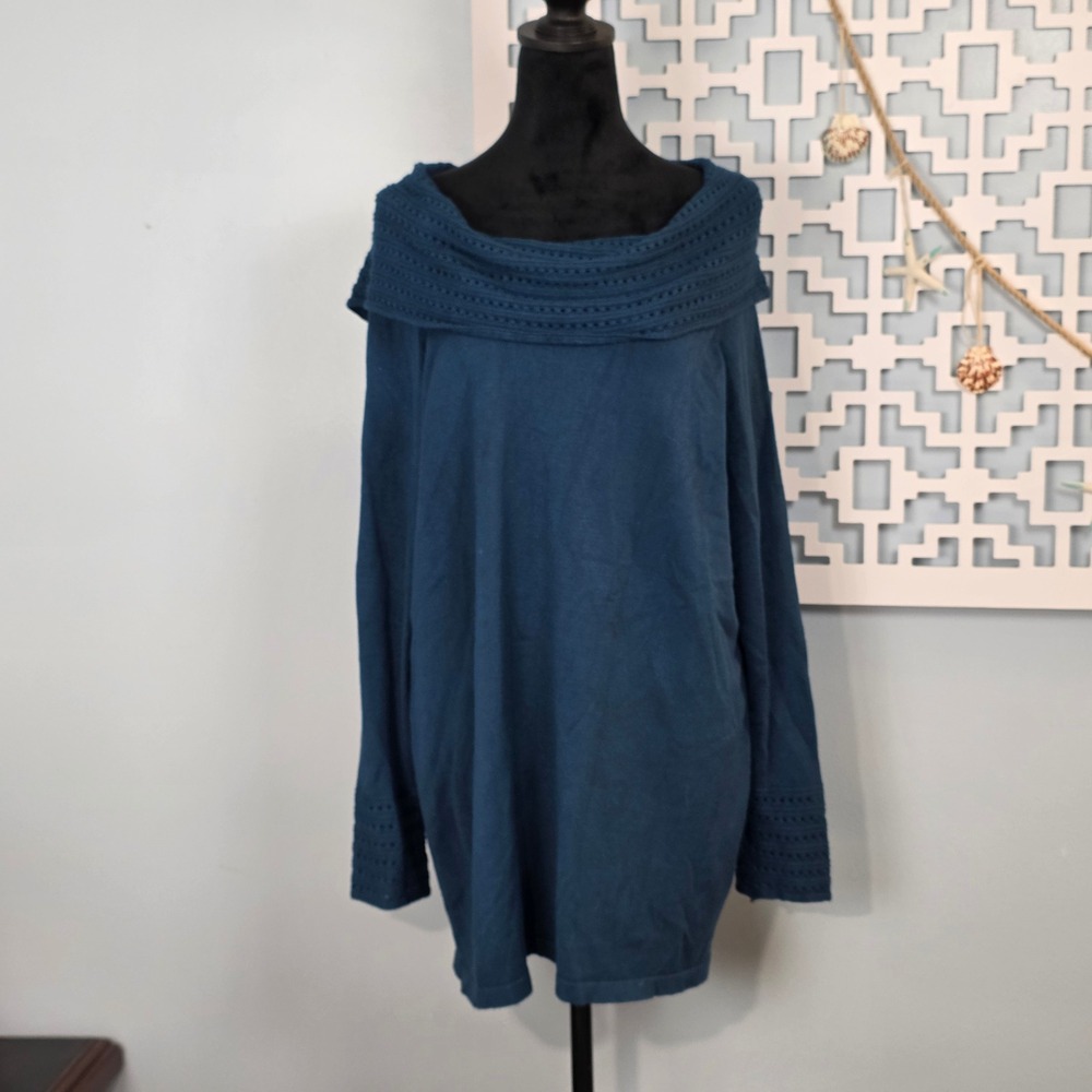 Christopher Banks Teal Blue Portrait Neck Crochet Trim Tunic Sweater XL